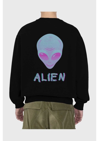 Alien Arka Baskılı Siyah Oversize Sweatshirt Erkek Kadın Bisiklet Yaka fiyatları