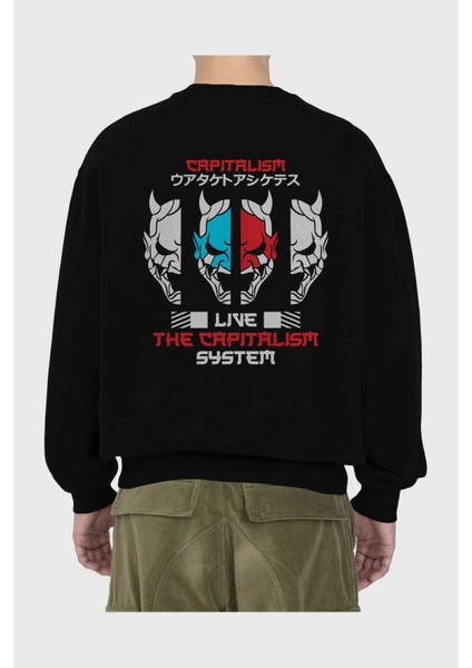 Live The Capitalism System Arka Baskılı Siyah Oversize Sweatshirt Erkek Kadın Bisiklet Yaka fiyatları