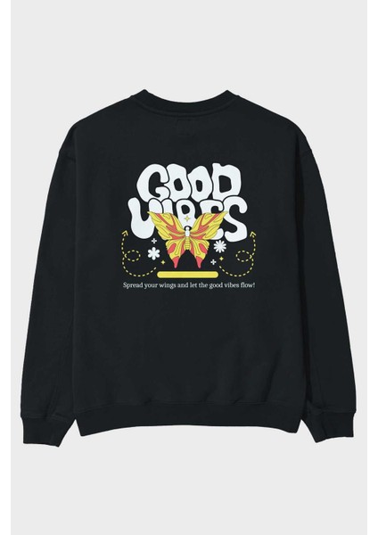Good Vibes Yazılı 4 Arka Baskılı Siyah Oversize Sweatshirt Erkek Kadın Bisiklet Yaka