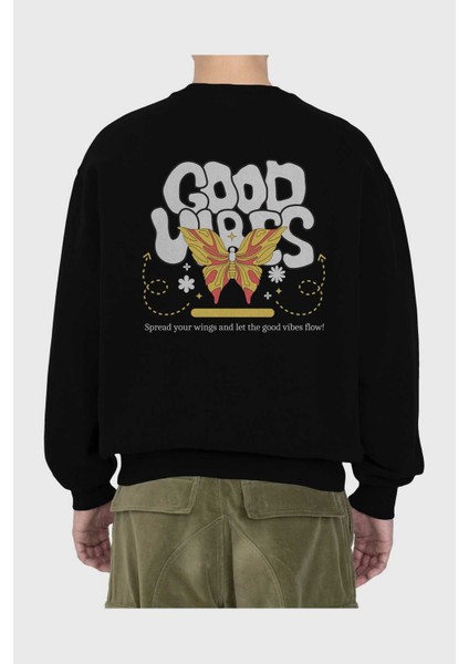 Good Vibes Yazılı 4 Arka Baskılı Siyah Oversize Sweatshirt Erkek Kadın Bisiklet Yaka fiyatları
