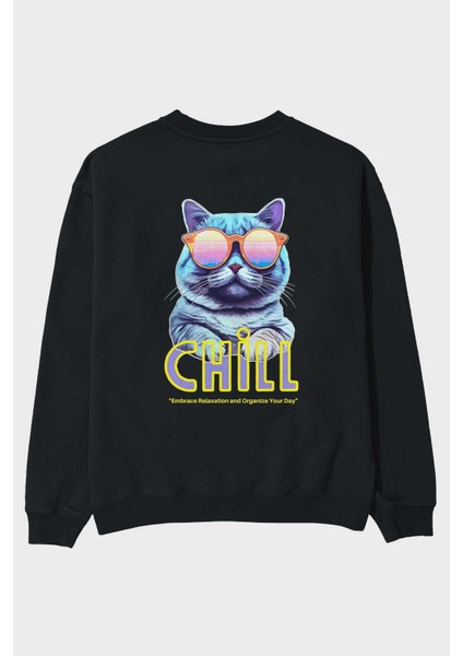 Chill Cat Arka Baskılı Siyah Oversize Sweatshirt Erkek Kadın Bisiklet Yaka
