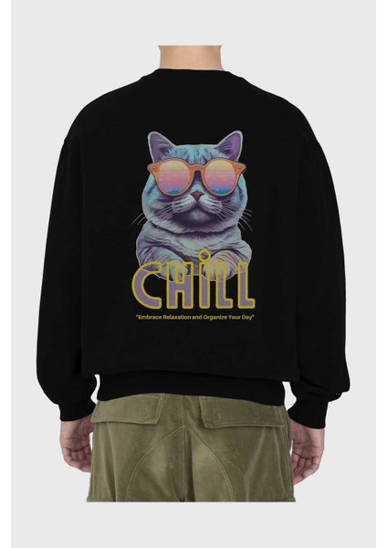 Chill Cat Arka Baskılı Siyah Oversize Sweatshirt Erkek Kadın Bisiklet Yaka fiyatları