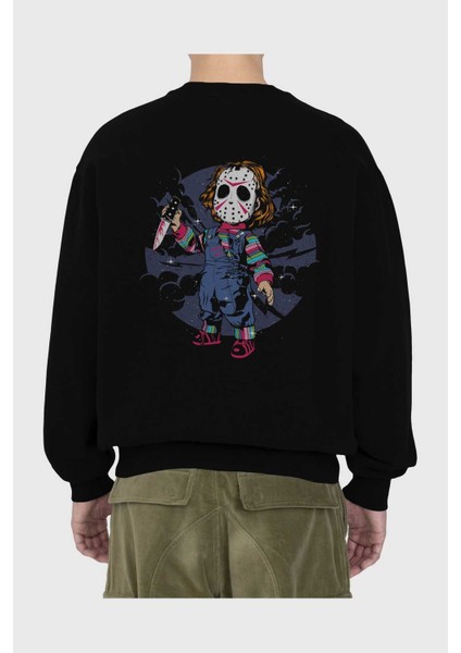 Chucky Arka Baskılı Siyah Oversize Sweatshirt Erkek Kadın Bisiklet Yaka fiyatları