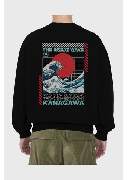 Kanagawa Arka Baskılı Siyah Oversize Sweatshirt Erkek Kadın Bisiklet Yaka fiyatları