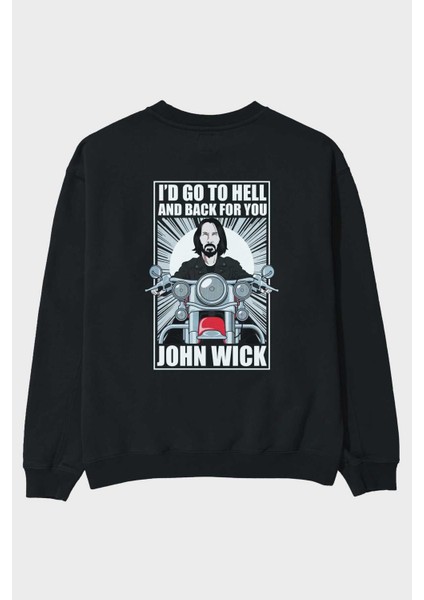 John Wick Biker Arka Baskılı Siyah Oversize Sweatshirt Erkek Kadın Bisiklet Yaka