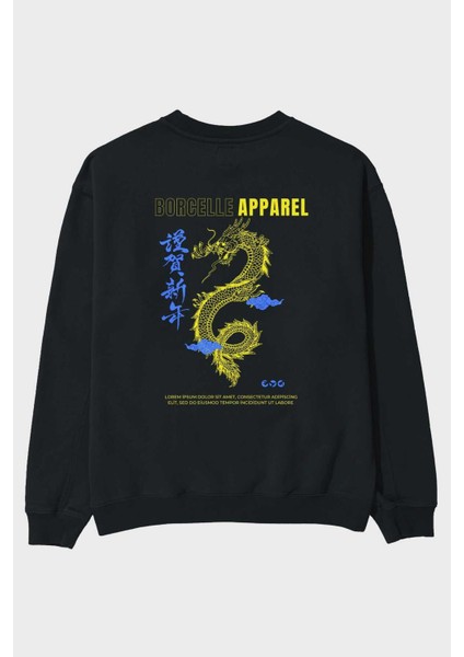 Borcelle Apparel Yazılı Arka Baskılı Siyah Oversize Sweatshirt Erkek Kadın Bisiklet Yaka