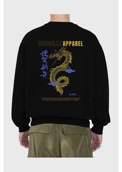 Borcelle Apparel Yazılı Arka Baskılı Siyah Oversize Sweatshirt Erkek Kadın Bisiklet Yaka