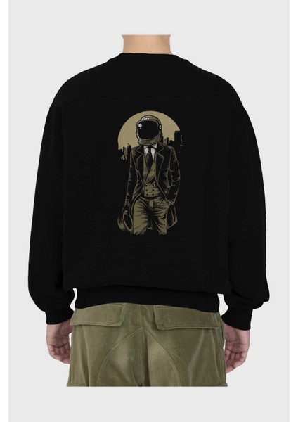 Classic Astronaut Arka Baskılı Siyah Oversize Sweatshirt Erkek Kadın Bisiklet Yaka fiyatları