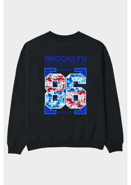 Brooklyn 86 Style Arka Baskılı Siyah Oversize Sweatshirt Erkek Kadın Bisiklet Yaka