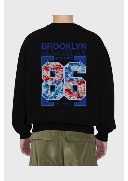 Brooklyn 86 Style Arka Baskılı Siyah Oversize Sweatshirt Erkek Kadın Bisiklet Yaka fiyatları