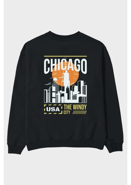 Chicago Arka Baskılı Siyah Oversize Sweatshirt Erkek Kadın Bisiklet Yaka