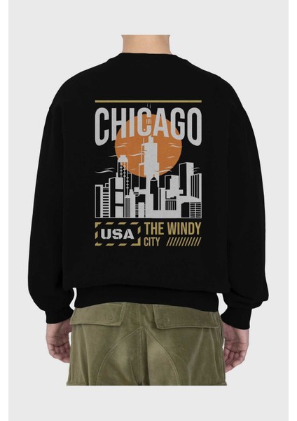 Chicago Arka Baskılı Siyah Oversize Sweatshirt Erkek Kadın Bisiklet Yaka fiyatları