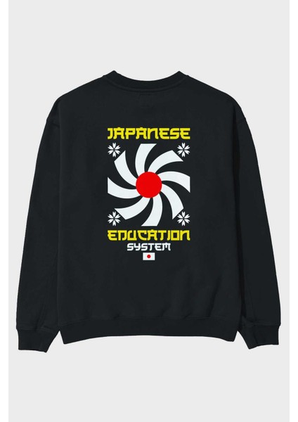 Japanese Education System Arka Baskılı Siyah Oversize Sweatshirt Erkek Kadın Bisiklet Yaka