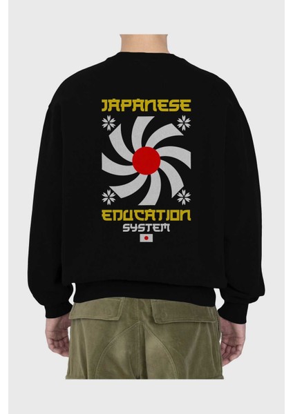 Japanese Education System Arka Baskılı Siyah Oversize Sweatshirt Erkek Kadın Bisiklet Yaka fiyatları