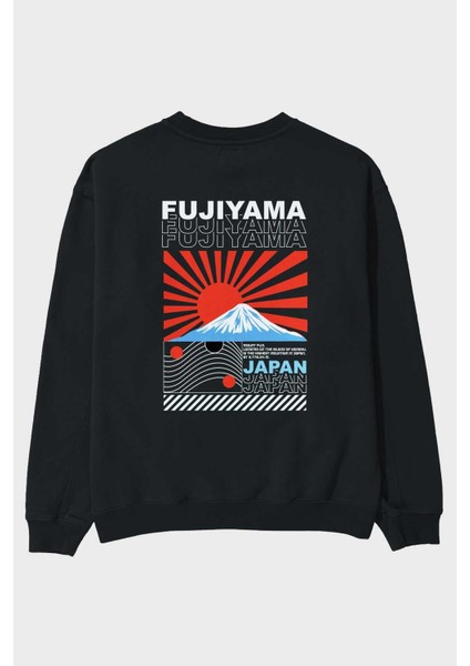 Fujiyama Japan Arka Baskılı Siyah Oversize Sweatshirt Erkek Kadın Bisiklet Yaka