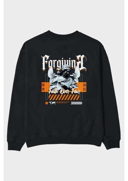 Faith Over Fear 2 Arka Baskılı Siyah Oversize Sweatshirt Erkek Kadın Bisiklet Yaka