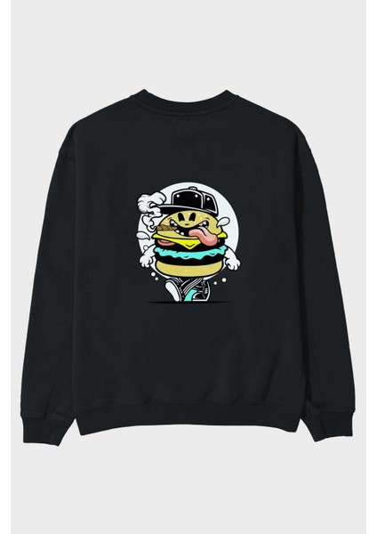 Burger Guy Arka Baskılı Siyah Oversize Sweatshirt Erkek Kadın Bisiklet Yaka