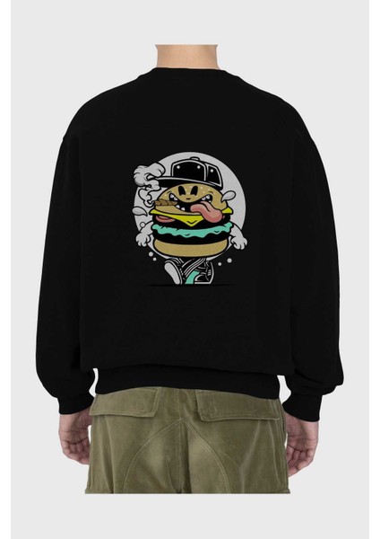 Burger Guy Arka Baskılı Siyah Oversize Sweatshirt Erkek Kadın Bisiklet Yaka fiyatları