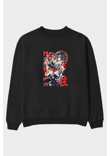 Demon Slayer Slayers Anime Ön Baskılı Siyah Oversize Sweatshirt Erkek Kadın Bisiklet Yaka