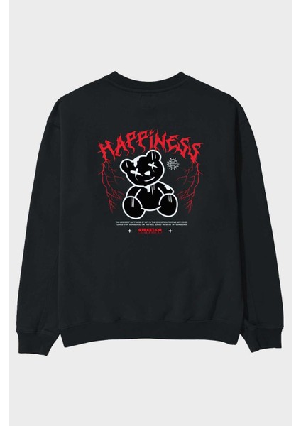 Happiness Bear Arka Baskılı Siyah Oversize Sweatshirt Erkek Kadın Bisiklet Yaka