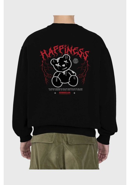 Happiness Bear Arka Baskılı Siyah Oversize Sweatshirt Erkek Kadın Bisiklet Yaka fiyatları