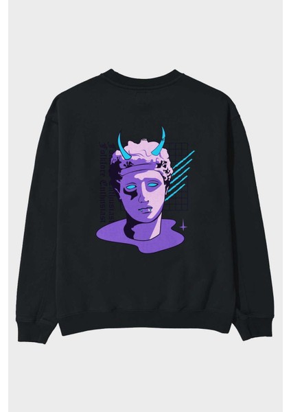 Folklore Enthusiast Arka Baskılı Siyah Oversize Sweatshirt Erkek Kadın Bisiklet Yaka