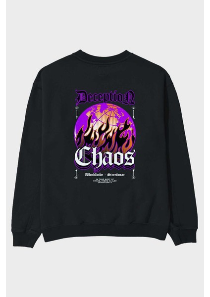 Deception Chaos Arka Baskılı Siyah Oversize Sweatshirt Erkek Kadın Bisiklet Yaka