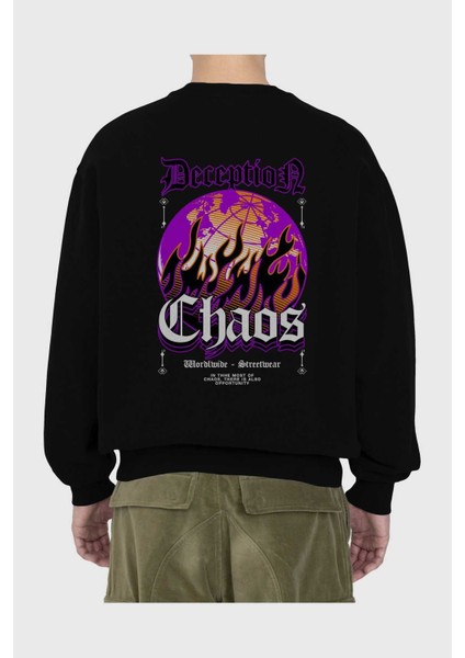 Deception Chaos Arka Baskılı Siyah Oversize Sweatshirt Erkek Kadın Bisiklet Yaka fiyatları