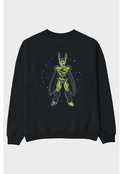 Cell Arka Baskılı Siyah Oversize Sweatshirt Erkek Kadın Bisiklet Yaka