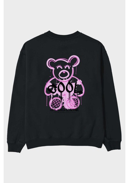 Cool Bear Arka Baskılı Siyah Oversize Sweatshirt Erkek Kadın Bisiklet Yaka