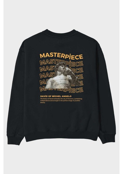 Masterpiece Yazılı Arka Baskılı Siyah Oversize Sweatshirt Erkek Kadın Bisiklet Yaka