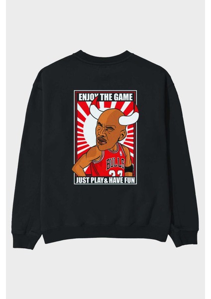 Michael Jordan Arka Baskılı Siyah Oversize Sweatshirt Erkek Kadın Bisiklet Yaka