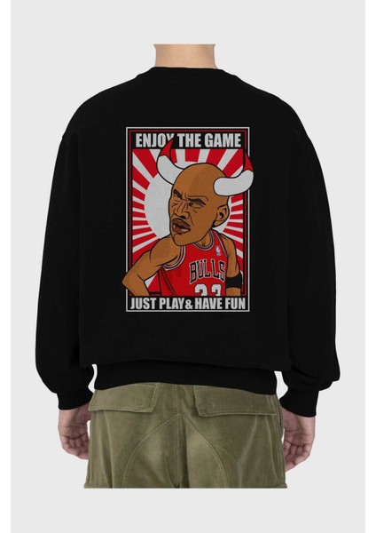 Michael Jordan Arka Baskılı Siyah Oversize Sweatshirt Erkek Kadın Bisiklet Yaka