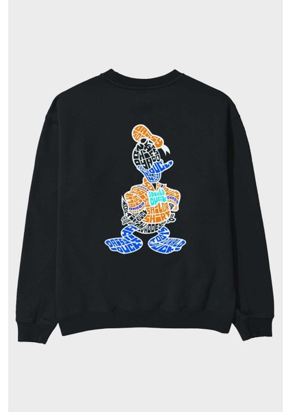 Donald Arka Baskılı Siyah Oversize Sweatshirt Erkek Kadın Bisiklet Yaka
