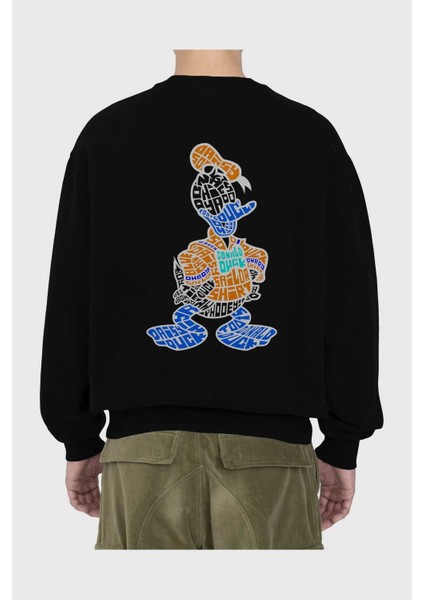Donald Arka Baskılı Siyah Oversize Sweatshirt Erkek Kadın Bisiklet Yaka