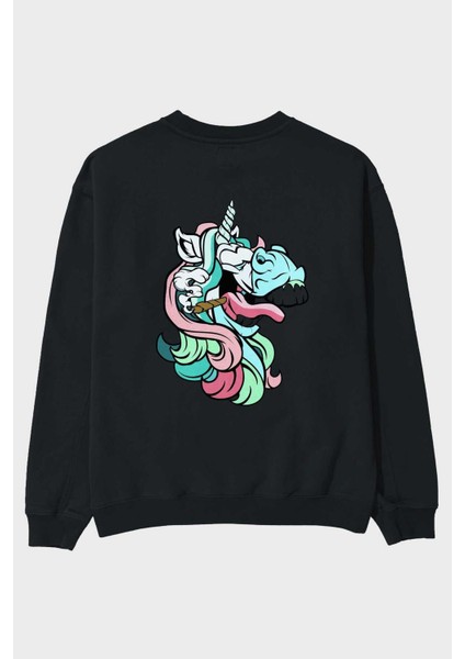 Crazy Unicorn Arka Baskılı Siyah Oversize Sweatshirt Erkek Kadın Bisiklet Yaka
