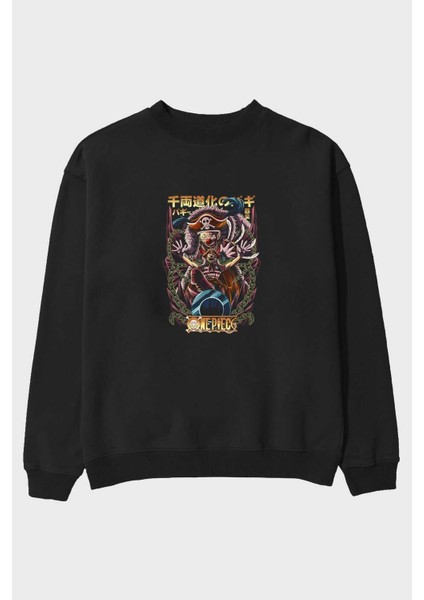 One Pıece (5) Anime Ön Baskılı Siyah Oversize Sweatshirt Erkek Kadın Bisiklet Yaka