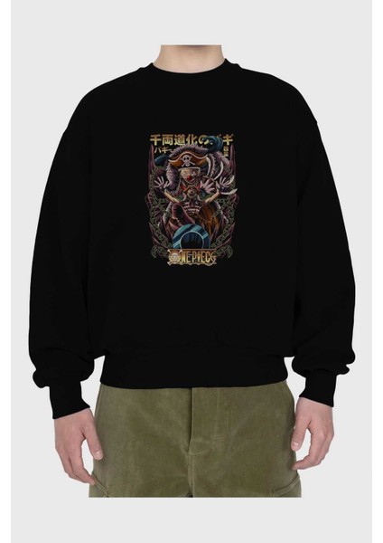 One Pıece (5) Anime Ön Baskılı Siyah Oversize Sweatshirt Erkek Kadın Bisiklet Yaka fiyatları