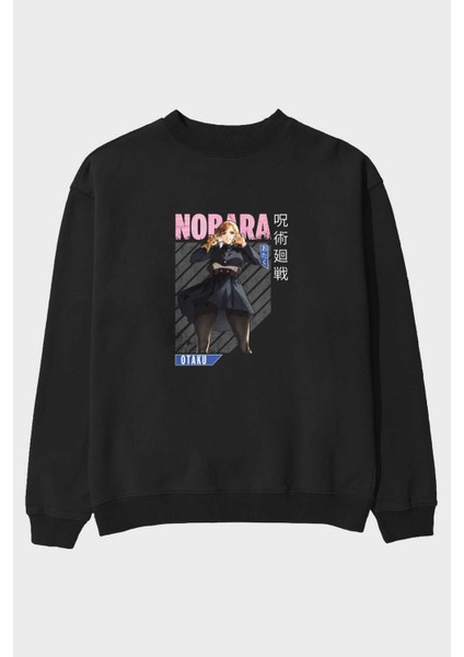 Nobara Kugisaki 4 Anime Ön Baskılı Siyah Oversize Sweatshirt Erkek Kadın Bisiklet Yaka