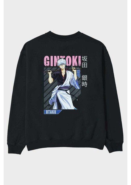 Gintoki Sakata Gıntama 3 Anime Arka Baskılı Siyah Oversize Sweatshirt Erkek Kadın Bisiklet Yaka