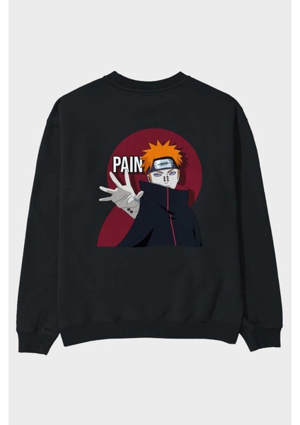 Paın Naruto Anime Arka Baskılı Siyah Oversize Sweatshirt Erkek Kadın Bisiklet Yaka