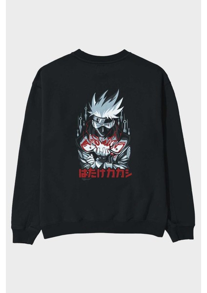 Kakashı Hatake Naruto 1 Anime Arka Baskılı Siyah Oversize Sweatshirt Erkek Kadın Bisiklet Yaka