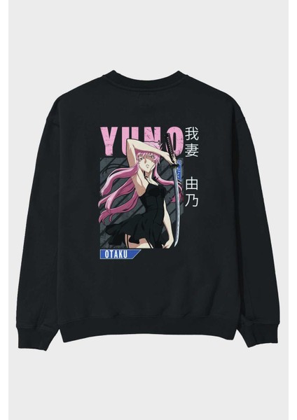 Yuno Gasai 5 Anime Arka Baskılı Siyah Oversize Sweatshirt Erkek Kadın Bisiklet Yaka