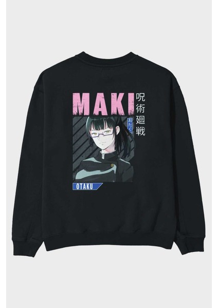 Maki Zenin Chaınsawman 1 Anime Arka Baskılı Siyah Oversize Sweatshirt Erkek Kadın Bisiklet Yaka