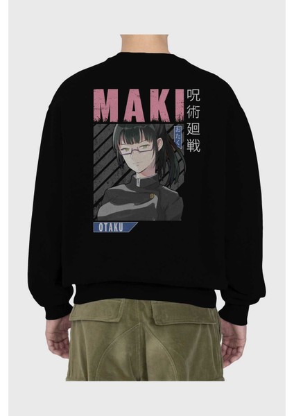 Maki Zenin Chaınsawman 1 Anime Arka Baskılı Siyah Oversize Sweatshirt Erkek Kadın Bisiklet Yaka