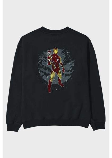 Iron Man 2 Arka Baskılı Siyah Oversize Sweatshirt Erkek Kadın Bisiklet Yaka
