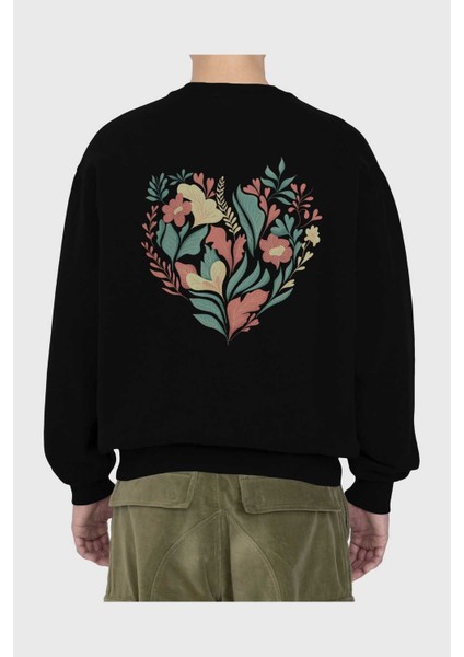 Çiçek Kalp Arka Baskılı Siyah Oversize Sweatshirt Erkek Kadın Bisiklet Yaka