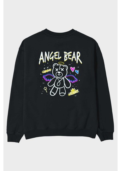Angel Bear Arka Baskılı Siyah Oversize Sweatshirt Erkek Kadın Bisiklet Yaka