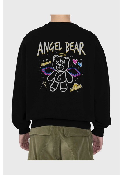 Angel Bear Arka Baskılı Siyah Oversize Sweatshirt Erkek Kadın Bisiklet Yaka fiyatları