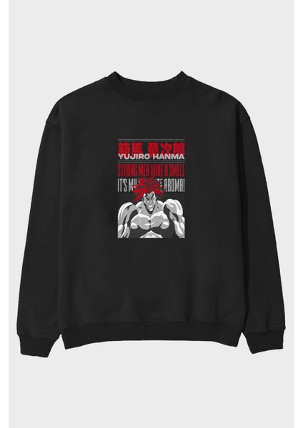 Yujıro Hanma Anime Ön Baskılı Siyah Oversize Sweatshirt Erkek Kadın Bisiklet Yaka